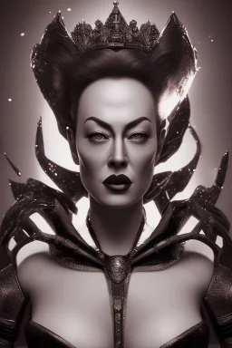 Joan Crawford as evil queen in black leather, busty, cleavage, dominatrix, curvy, angry, stern look. unreal 5, octane render, cinema4d, dynamic lighting, dramatic lighting, 4k, redshift render, highly detailed, hyper realistic,anthropomorphic