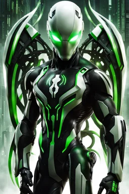 Cyborg symbiote, white color, green color, tendrils, high tech, cyberpunk, biopunk, membrane wings, carbon fiber, cyber tentacles, and the other two.