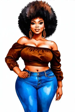 create a watercolor illustration of a plus size dark skinned black female wearing Tight blue jeans and a hazel brown off the shoulder blouse. Prominent make up with long lashes and hazel eyes. She is wearing brown feather earrings. Highly detailed full black tight curl afro