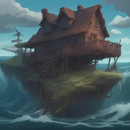 house in the middle of an ocean storm falling apart, cartoon, artstation, intense