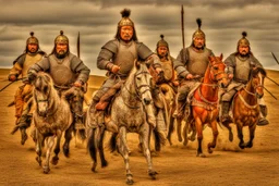 Mongol warriors around Genghis Khan in his yurt 1240s. strong athletic build, in battle gear. HDR --s 1000