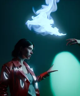 Ultra Realistic image, photo studio, medium shot view, a woman making the fuck off gesture with his finger, blue smoke coming out of his nose and mouth, happy. Latex inflatable coat, soft color, highly detailed, unreal engine 5, ray tracing, RTX, lumen lighting, ultra detail, volumetric lighting, finely drawn, high definition, high resolution.