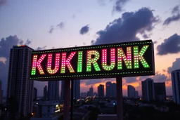 A 1980 disco sign labeled "KUKRUNK" bold multi colored 80s font, miami vice background skyline, sunset