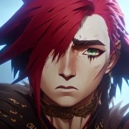 Barbarian anime character, animal hide armor, physically fit, tribal tattoos, scars, washboard abs, red facepaint, green hair, dark eyeshadow, intricate eyeliner, soft round eyes, beads in hair, 8k resolution, cinematic smooth, intricate details, vibrant colors, realistic details, masterpiece, oil on canvas, smokey background