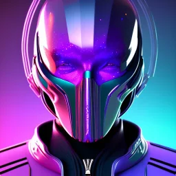 futuristic purple masked villain in galaxy, teal and purple smoke, detailed, realistic, 4k