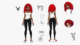 Character concept sheet of a beautiful black woman red curly hair with black streaks small white tank top slippers leggings tattoo of tiger on her left arm goth style.hd