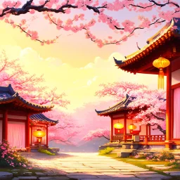 Dreamy oriental-inspired landscape at golden hour, soft yellow tones, traditional Asian architecture, floating lanterns, cherry blossoms, silk curtains swaying in the breeze, glowing atmosphere, warm light, romantic and peaceful mood, fantasy art, painterly style
