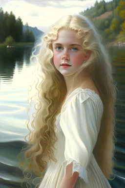 victorian girl ,wavy hair,blonde hair,white body,pretty,near lake,oil painting