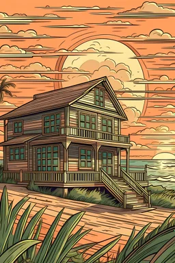 Haus am strand mit Sonnenuntergang und details