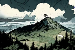 a map, forest, a hill, mountain,, comic book, post -apocalypse, gray, sky, clouds