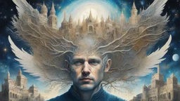 karma, Galactic space portrait of a man with buildings inside his head, blond, castle, branches, wings, inspired by architecture, crazy details and double exposure in fantasy art, glitter, fine art, realistic painting of a complex hyper-detailed main society, fine rendering, clear drawing