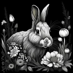 colorless rabbit between seeds and big flowers black background .black and white colors. for a coloring. with grayscale