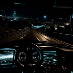 night time, a car dashboard lighting up, a dark road in the windscreen, with a beautiful city in the distance