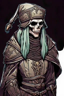 a full length cute medieval undead soul character in profile and full face in the cap