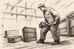 a swedish industry worker from sweden, very strong pushing a wooden crate along the floor in a factory, very basic sketch painting like the image i uploaded