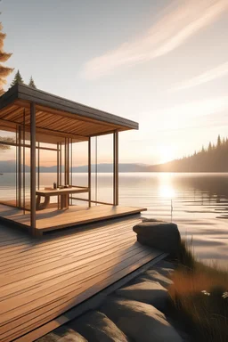 atelier de dessin montagne design bois et béton devant baie en verre avec vue sur un lac Lumière soleil couchant