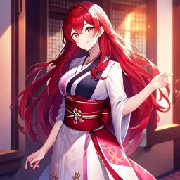 girl, masterpiece, best quality, volumetric lighting, detailed outfit, perfect eyes, long hair, red hair, pink eyes, obi, smile, indoors,