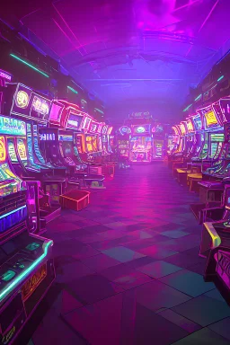 A dark photo of a full panoramic view an 80's aesthetics arcade at night, with a lot of functioning arcade machines, a vaporwave floor and some colorful tiles in between the floor. Purple aesthetics. Full panoramic view. The arcade has a ticket shop that sells plusies