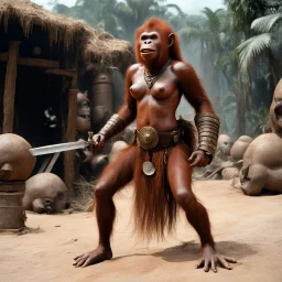 [high res photo by Ray Harryhausen] the Orangutang Queen smiles, ready to fight, in dust, rust and blood, her body is covered with cartridge belts