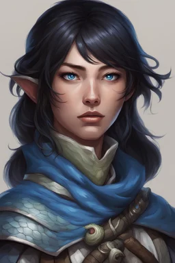dungeons and dragons; portrait; solid background; yuan-ti; female; ranger; cloak; mischief; black hair; blue eyes; vertical pupils; blue snake scales on cheek; has snake teeth
