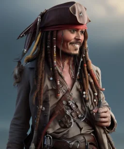 captain jack sparrow, extreme details, real, drinking, enjoying, smiling, sober, digital art, extreme colors --ar3:2--v4--q2