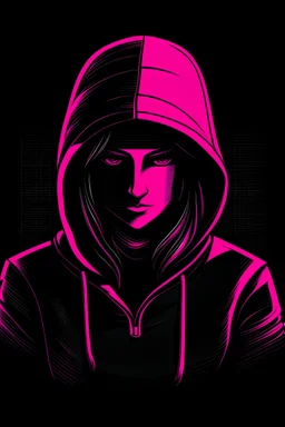 Hacker female in a hooded sweater as black and dark pink as a logo
