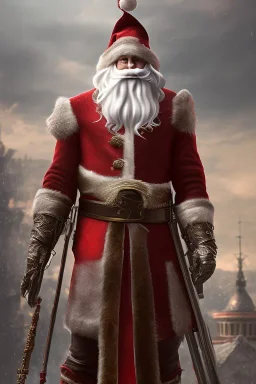 Santa Cruz with long Beard in red assassin Creed clothes, standing on roof, high details, cool 1800 city background,