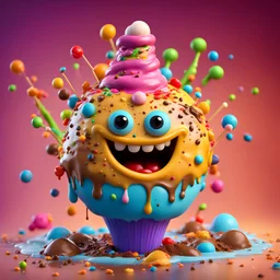 A cute adorable ((melting ice-cream monster)), Pixar 3D animation character, playful, vibrant colours, chocolate sprinkles and colourful toppings, delightful, ((art style depictedby Kenny Scharf, ron english and tiago hoisel)),Pixar and dreamworks 3d animation style, blender render, detailed, Z brush, cgi, animated realism, huge smile, quirky, creative lighting, blender, artstation trending, unreal engine, octane render, digital art, whimsical wobbly body, humurous, 4k