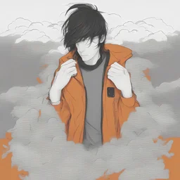 A man with black and half-long hair and a technical orange jacket 3/4 back facing a cloud cover