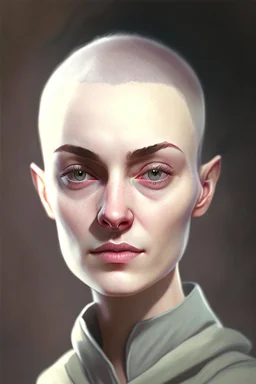 full color portrait drawing, portrait, 22-year old female human cleric, shaved head, light eyebrows, grey eyes