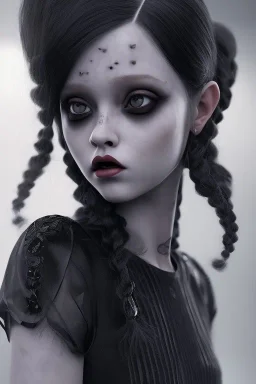 Jenna ortega black dress,soft goth libstick, wednesday addams family make up, brad double wig, dramatic lighting, highly detailed, volumetric lighting, unreal engine, 8k