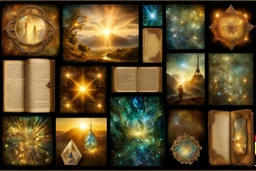 ancient photo album page collage containing images of elves and fairies Broken glass effect stunning something that doesn't exist mythical creature energy molecular textures iridescent light scales breathtaking beauty pure perfection divine presence unforgettable stunning breathtaking beauty Volumetric light aura rays