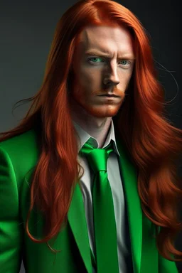 man, long red hair, long red jacket with green tie, green eyes,