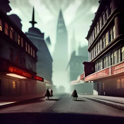 Retrofuturistic,European Neogothic imperial city, uphill Road, 1900s photograph, 8K resolution, #film, diffuse light,German noir,matte painting,chaos city, traffic,BioShock