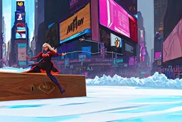 Supergirl merrily sliding inside a very old soapbox of wood, over a huge pile of snow in Times Square.