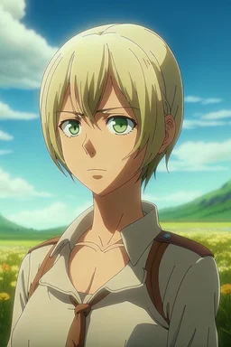 Attack on Titan screencap of a female with short, Wolf cut hair and big black eyes. Beautiful background scenery of a flower field behind her. With studio art screencap.