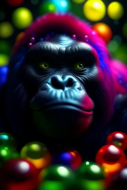 portrait of fluffy gorilla with a wicked smile inside a pile of transparent jelly bubbles of weird colours with insect aliens inside, disco egg made of small mirror, light rayz, feast table ,shot on Hasselblad h6d-400c, zeiss prime lens, bokeh like f/0.8, tilt-shift lens 8k, high detail, smooth render, down-light, unreal engine, prize winning