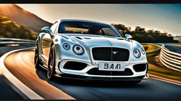 A sleek white shiny (((Bentley Porsche))), its contours and details perfectly captured in a (((cinematic view))), zipping along a winding road under a beautiful blue black night sky