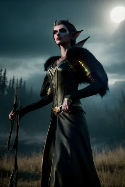 Cursed elf priestess with beautiful face, running makeup, yellow eyes, full black sclera, dark mist around her, black fur robes, pale skin, dark smoke, photorealism, octane render, frostbite, 8k, cinematic, 35mm