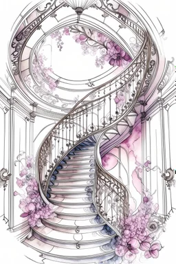 Watercolor sketch on a white background. Ink. Spiral staircase in the hall leading to the sky, pink and white hydrangeas, portraits, rococo interior, chandeliers, filigree, work of art, rich structures, elegance of lines, sparks, drapery, patterns, lavender accents, juicy, bright, sunny, hyperrealistic, top view, retro, monograms, diamond dust, ultradetalization, dots, RAW, ISO 100