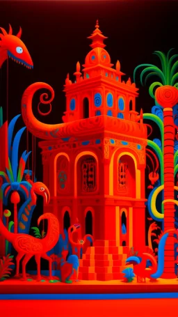 A neon orange digital realm with pixels designed in Oaxacan alebrijes painted by Giorgio de Chirico