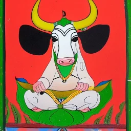 cow with wings holding a lotus and flower in Indian painting style