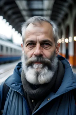 Hombre de 50 años, pelo corto canoso, ojos celestes, con barba de 1,95m en una estación de tren en Polonia un día de invierno