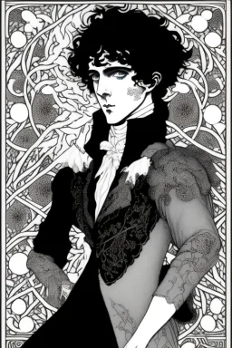 Black haired blue eyed freckled young male warlock in the style of aubrey beardsley