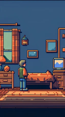 Make this into a 9:16 image (bit/pixel art style): A dad and a son walk into a room of a grandma sleeping peacefully