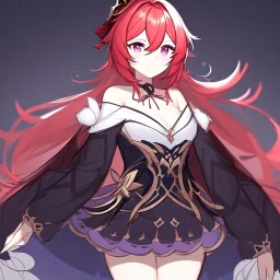 Clear focus, High resolution, rough line sketch art, long light red hair, hair between eyes, fluffy hair, purple eyes, wearing a off shoulder shirt, no spaghetti strapes, dark aura, 1girl, wearing a skirt, genshin impact, genshin impact style outfit, (detailed outfit), (Lots of ribbons and flowers on outfit), ahoge, red bow behind head