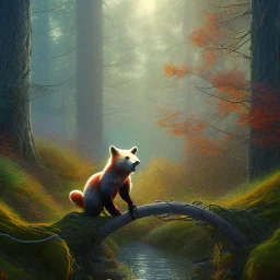 bear and fox , wood and rope bridge in magical forest, spray painting, autumn foliage frame, fantasy art , sun, movie poster, Realistic photography, incredibly detailed, ultra high resolution, 8k, complex 3d render, cinema 4d, color corrected