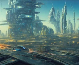 A Spaceship is taking off from a buzzing Space port on a heavy industrialized planet with a futuristic city in the background, (retrofuturistic:2), art by John Berkey, buildings with glass facades, brutalist architecture, insanely detailed, vibrant, 8k uhd, cinematic atmosphere, ultra-wide angle, street level view, brush strokes, blue sky with clouds, dramatic sunset, sharp focus