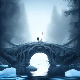 fantasy art of big wolf and a wizard walking under very tight tree bridge over icy water