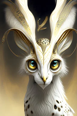 a tall multidimensional creature with long ears that hang down like a lop rabbit, curious over-sized eyes, the beak and face of an owl and white and subtle gold leopard markings in a dream-like style